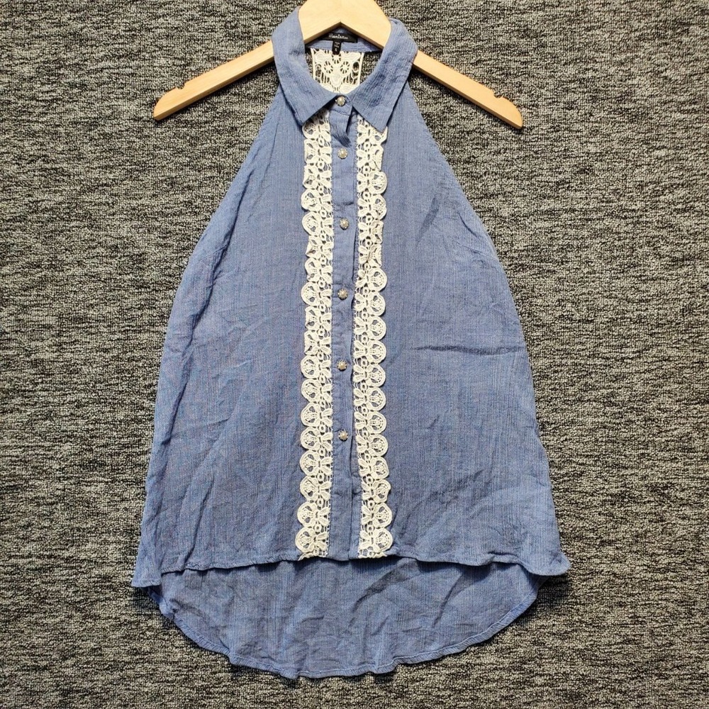 Monteau‎ Chambray Halter Top Womens Small Blue Crochet Lace Trim Boho Shirt